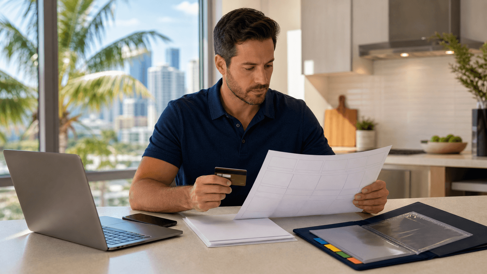 Sunlit desk with calculator, pen, and mortgage documents, with a red warning triangle icon overlay.