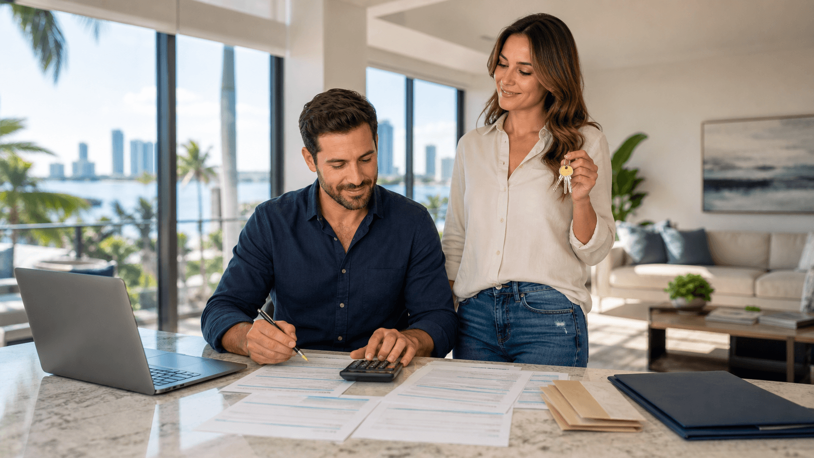 Sunlit desk with bank statements, calculator, and pen beside a small house model, with a blurred city skyline behind