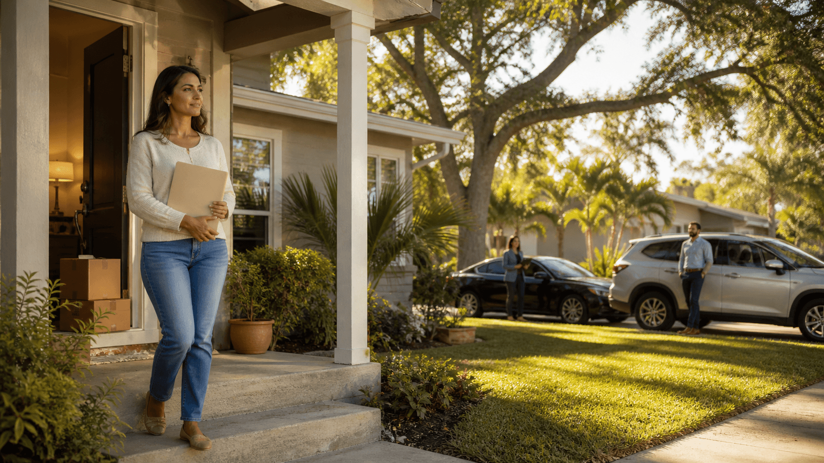 Split scene of a bank building and a mortgage broker shaking hands over home plans, with warm suburban homes behind.