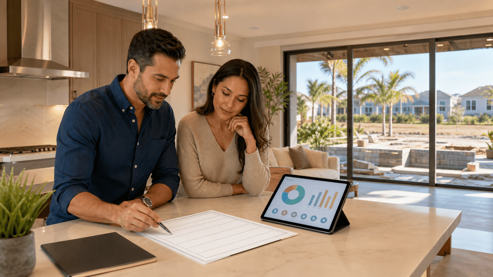 Hand holding a loan estimate document beside a calculator and house keys on a light desk with warm sunlight.