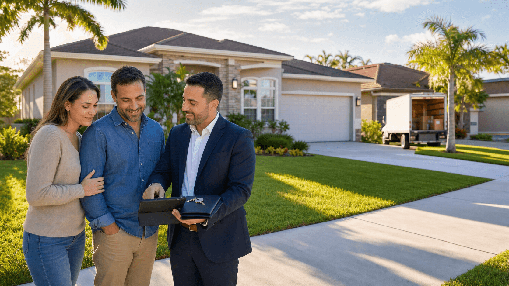 Suburban home with a for-sale sign at sunset, overlaid with a blue map pin and a simple mortgage icon.