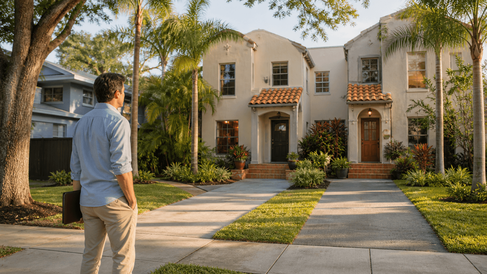 Sunlit Tampa duplex with palm trees, a red sold sign, and a bright blue sky.