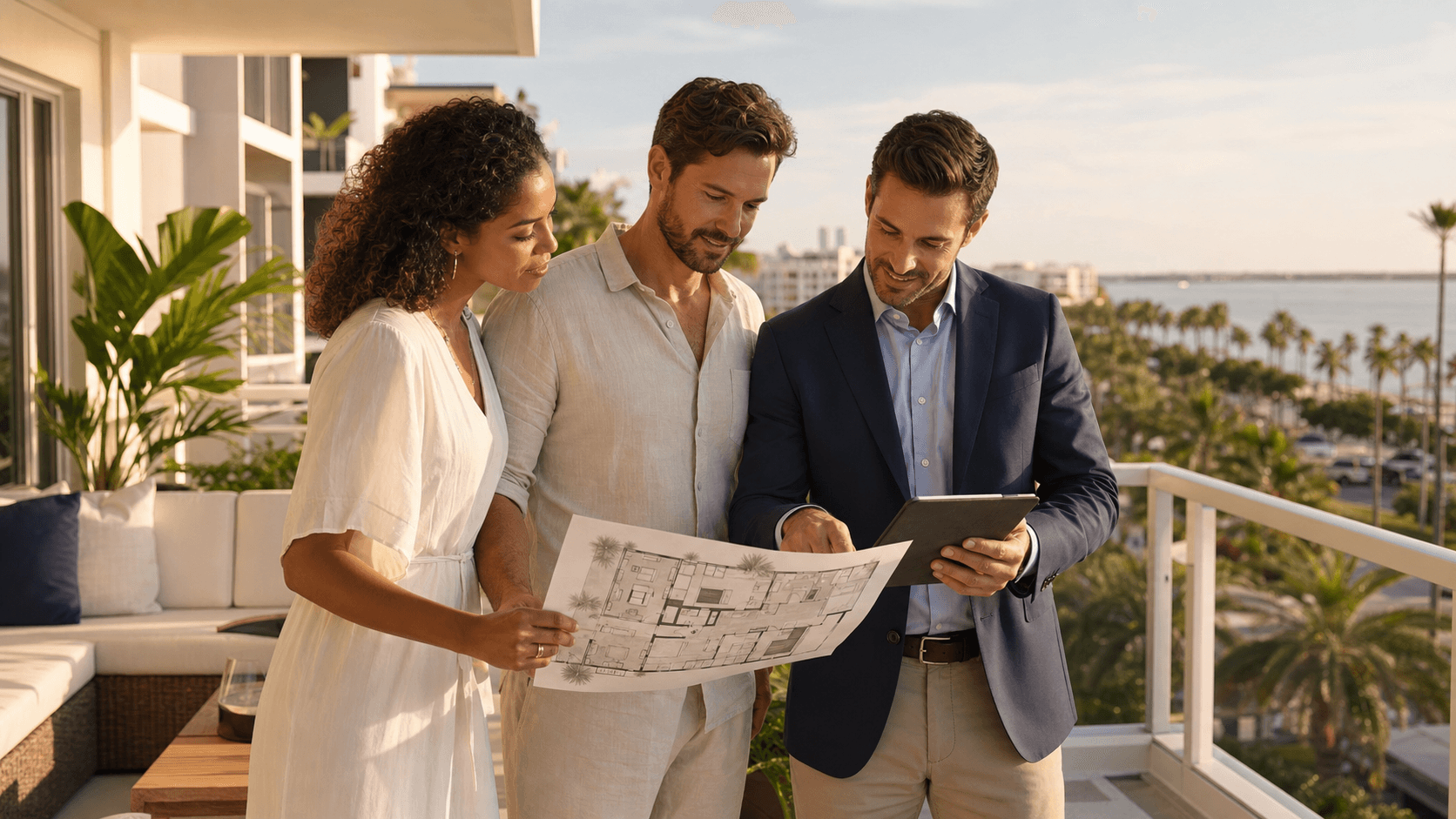 Sunlit waterfront condo skyline with a small house model, calculator, and paperwork on a wooden desk in foreground