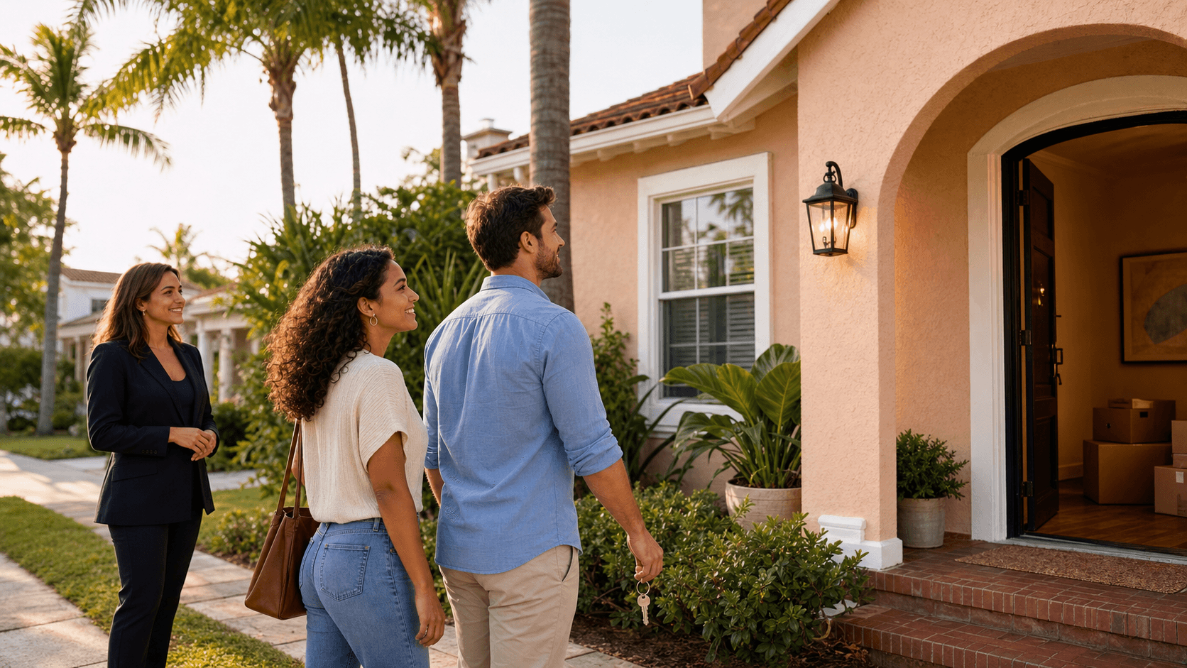 Smiling couple shakes hands with a realtor in a sunlit living room, warm tones and a house key in focus.