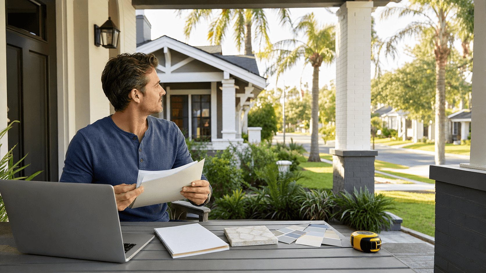 Modern Tampa home exterior at sunset with a calculator and paperwork on a table in the foreground