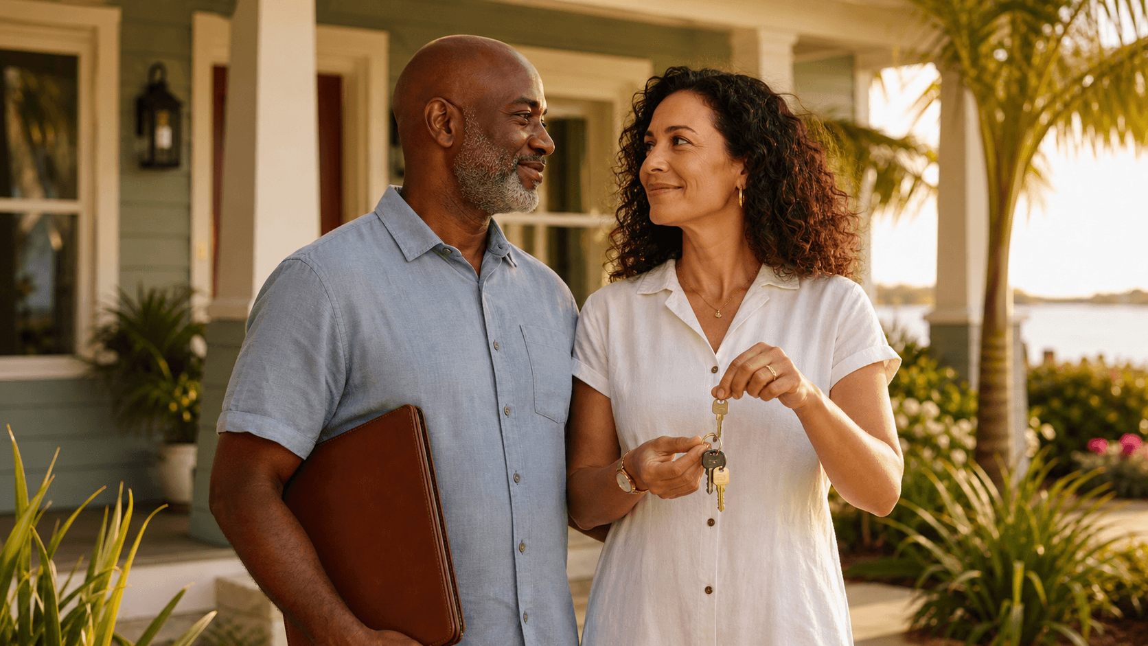 Two people reviewing mortgage documents beside a house model under warm, natural light.