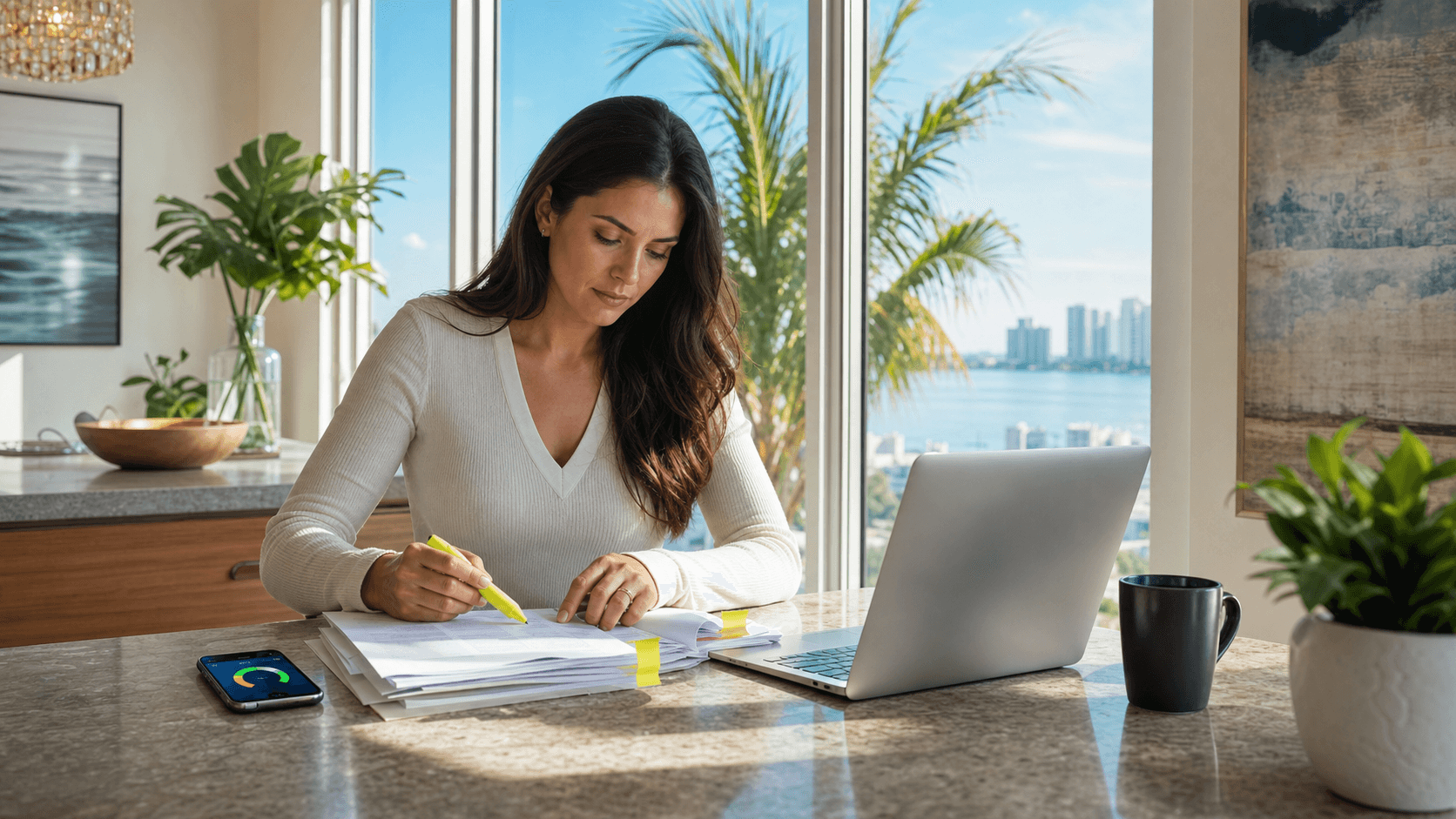 Hand holding a mortgage preapproval letter over a desk with a Tampa skyline silhouette in the background, warm sunlight.