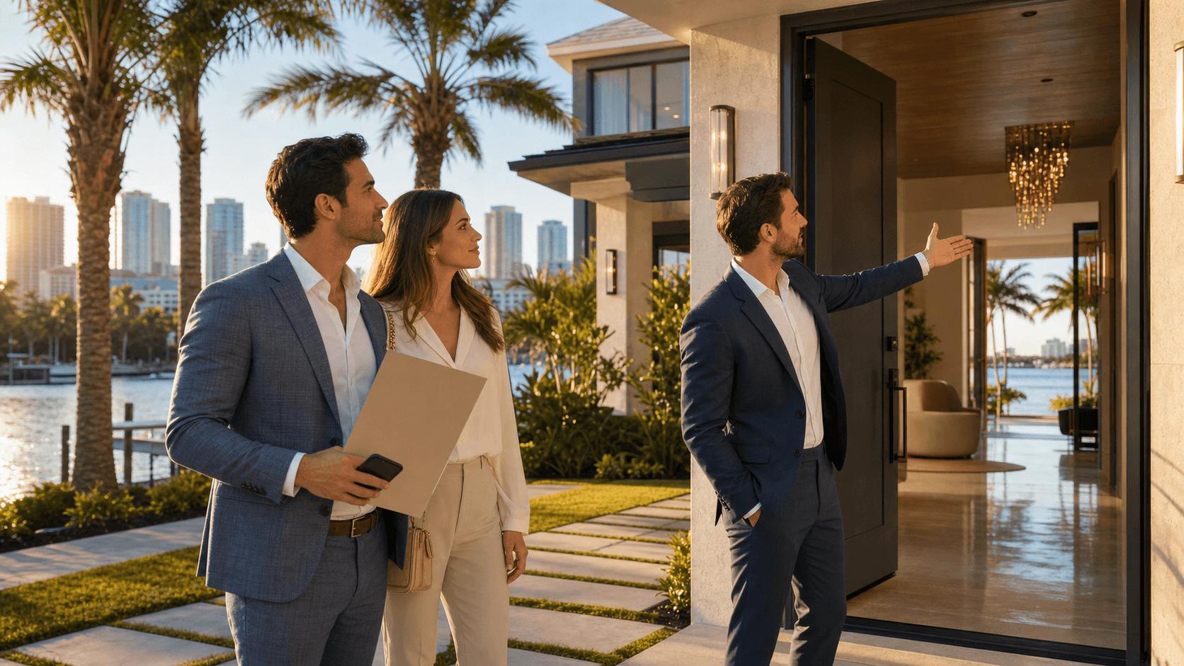 Sunlit Tampa skyline with a modern home silhouette and oversized loan documents in the foreground, in warm blue tones