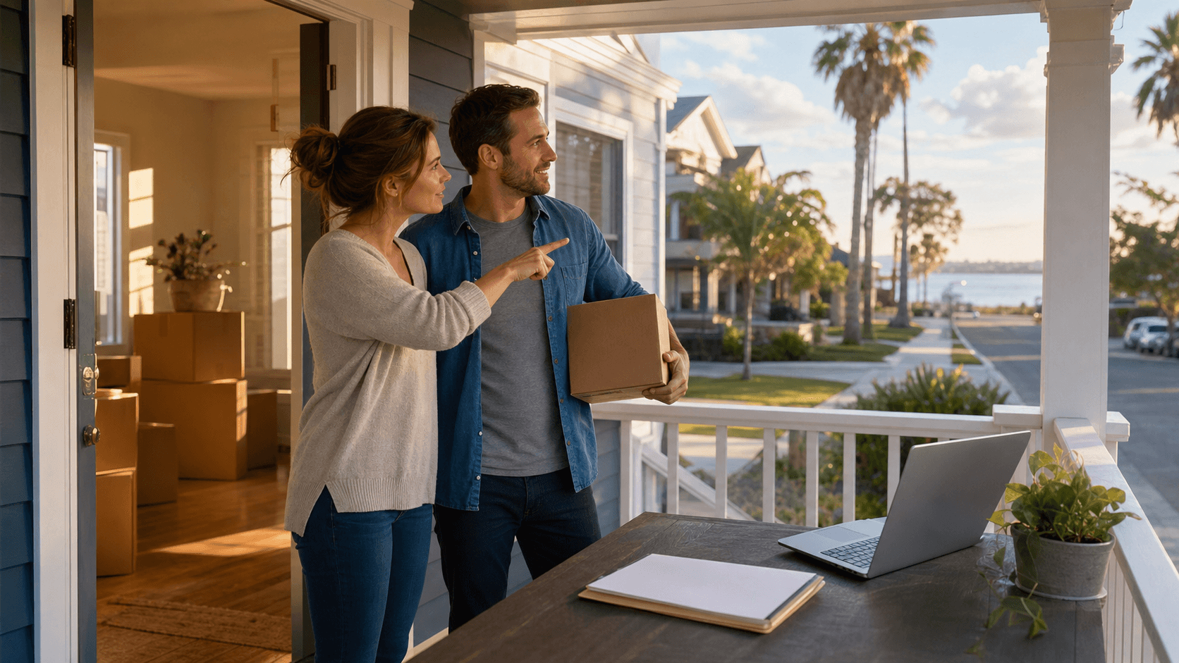Sunlit Tampa neighborhood with palm trees, a modern home, and a hand holding keys over mortgage documents on a desk