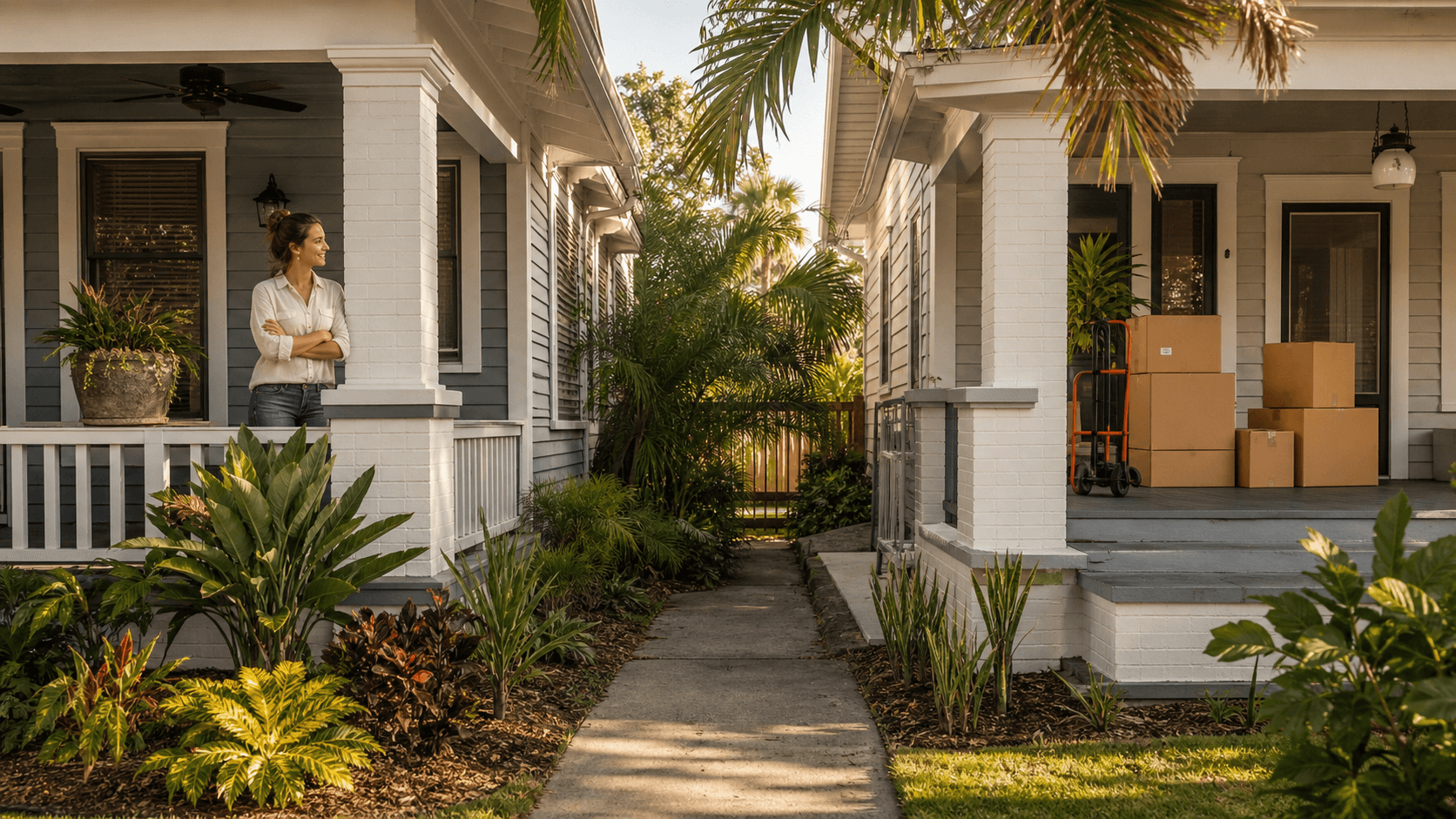 Split view of a Tampa duplex with a key, rental sign, and mortgage paperwork in warm sunlight.