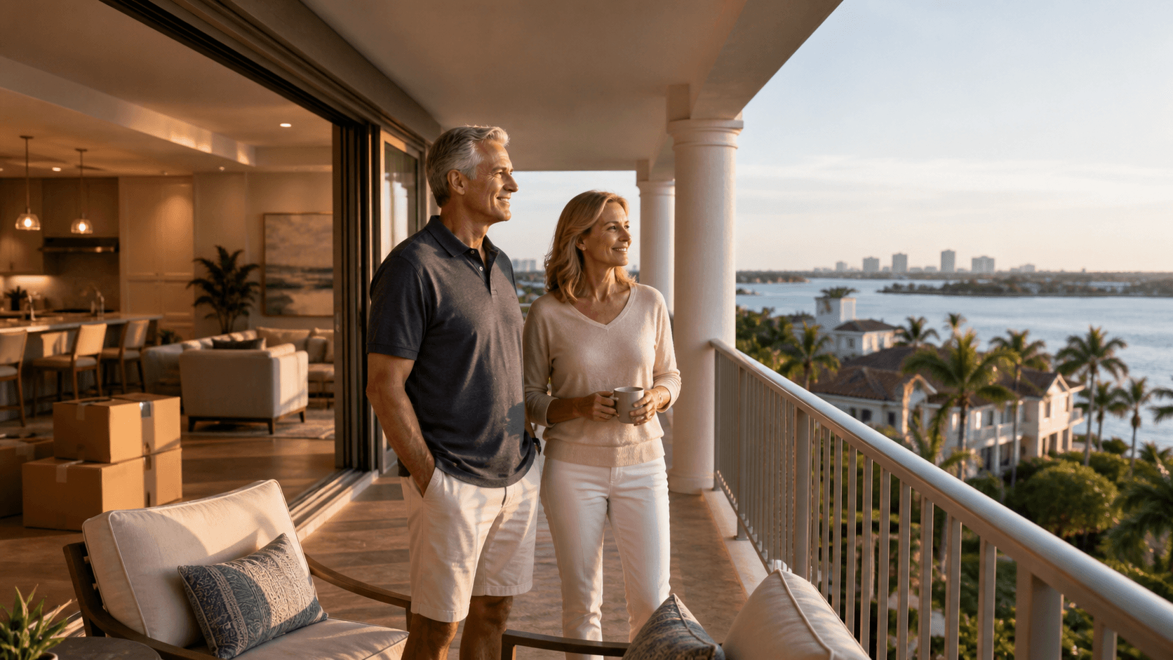 Couple reviews mortgage documents at a bright kitchen table with a Tampa skyline view.