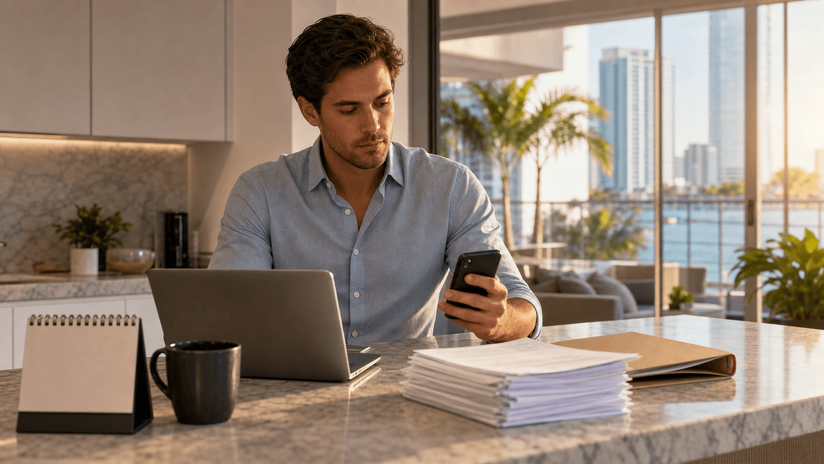 Sunlit desk with laptop, house keys, and paperwork beside a coffee mug, with a blurred city skyline in the background