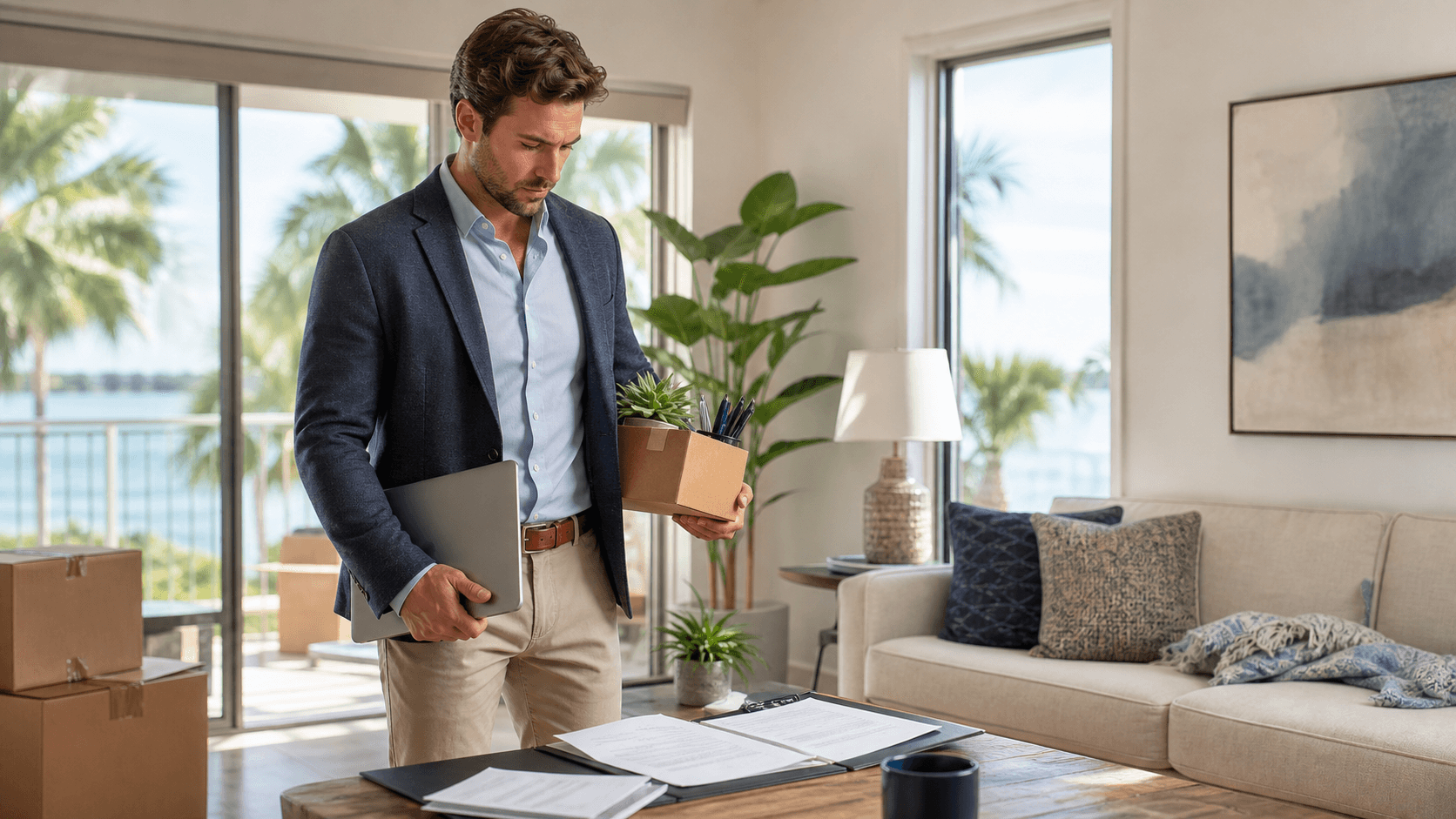 Young couple at desk reviewing loan papers with a laptop, sunlit window behind, neutral tones and worried faces