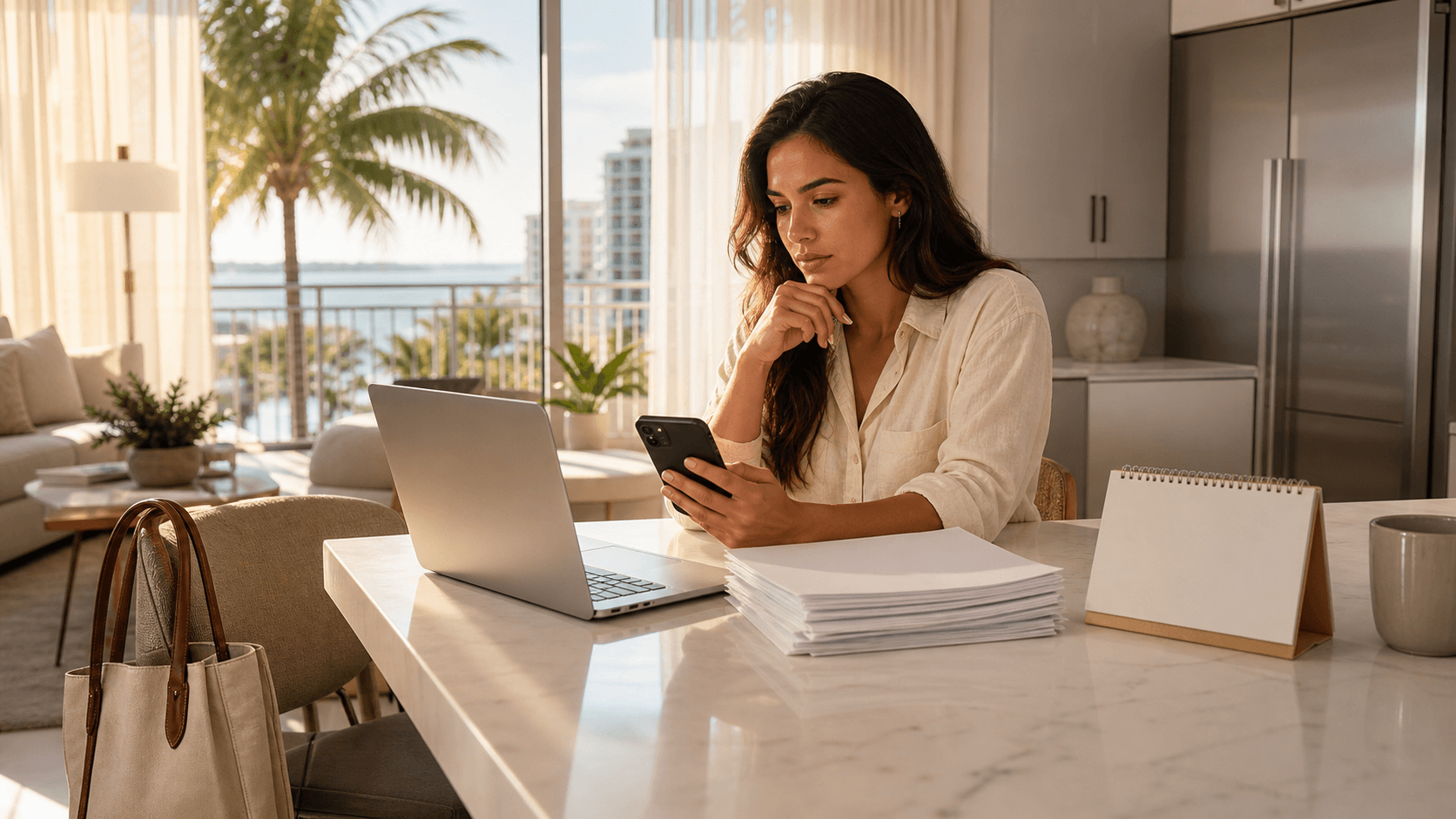 Person reviewing mortgage papers at a desk with a laptop, house key, and calculator in warm indoor light