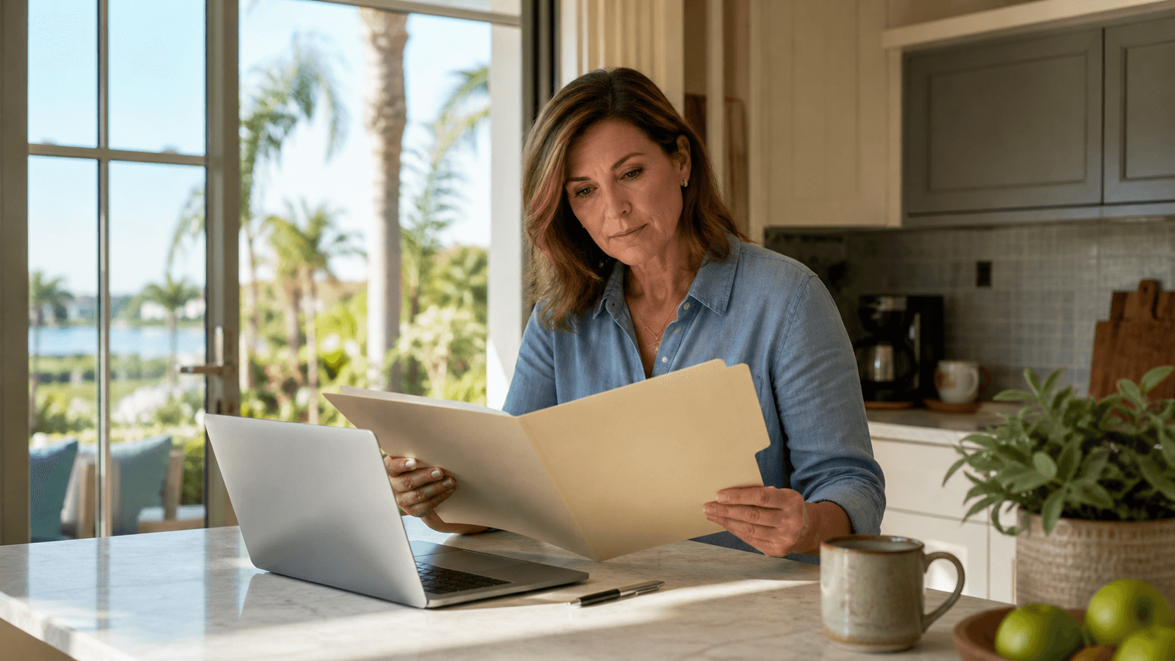 Modern Tampa home beside a clipboard checklist, calculator, and keys in warm morning light