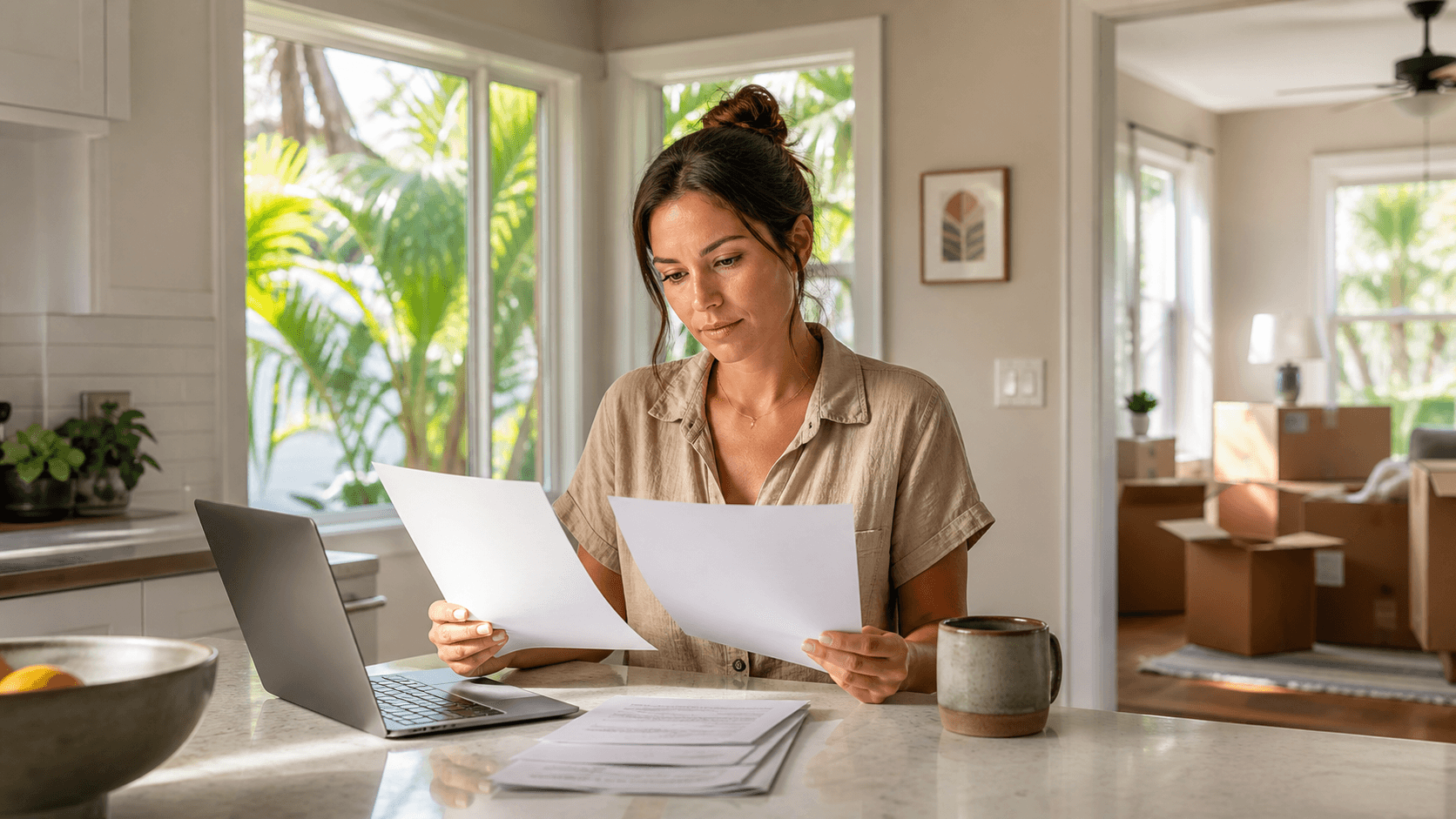 Sunlit desk with mortgage papers, calculator, savings jar, and Tampa skyline visible through a window.