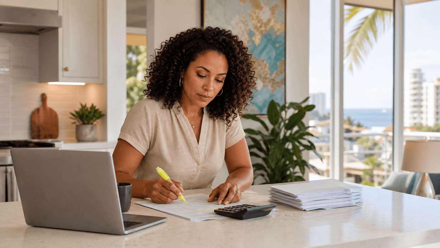 Sunlit desk with a credit score report, calculator, and house sketch beside a laptop, in soft blue tones