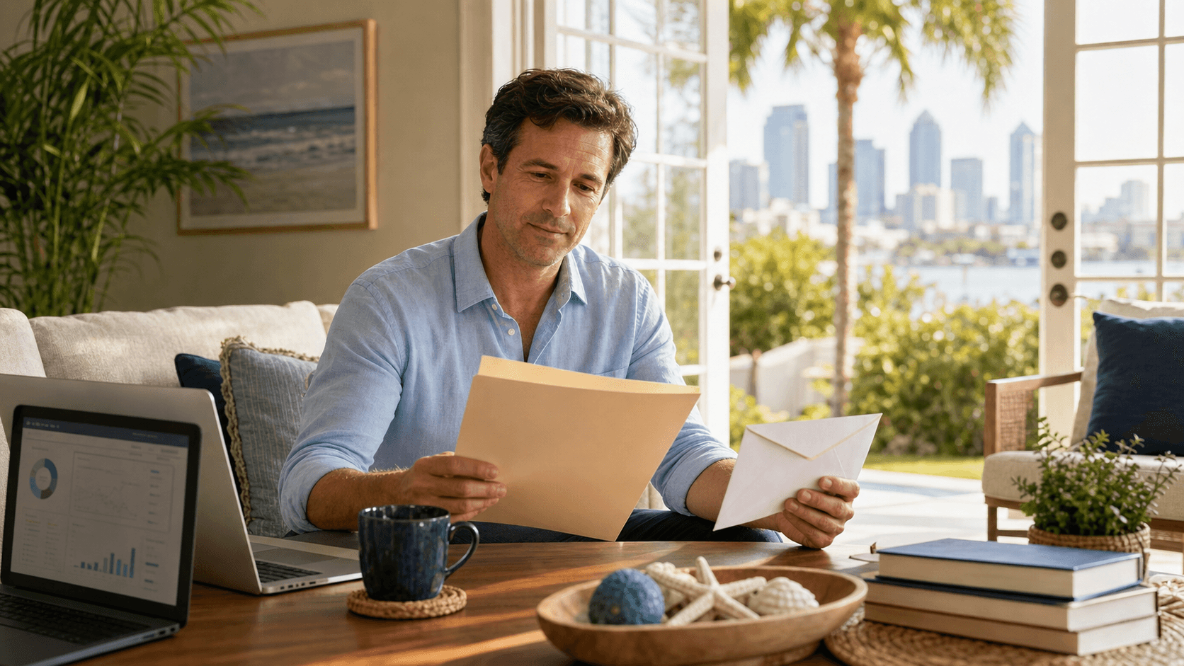 Modern Tampa home with a refinance document and calculator on a desk, warm sunlight and subtle college icons in background