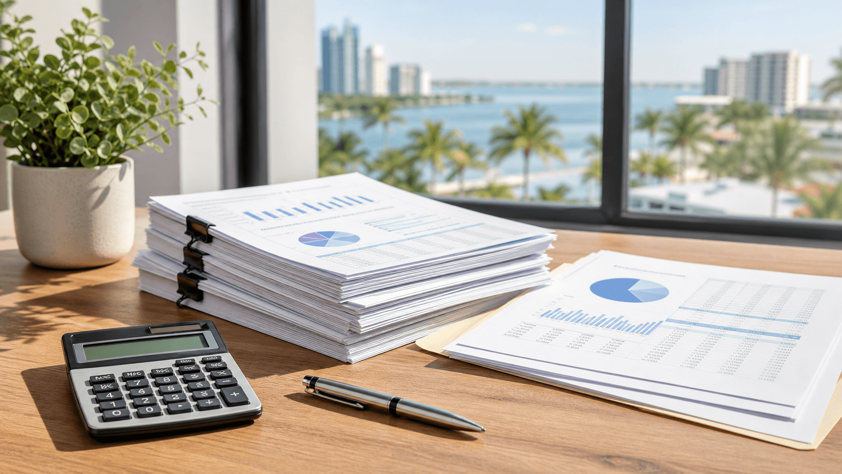 Stack of tax forms and charts on a desk with a calculator, pen, and Tampa skyline blurred in warm light
