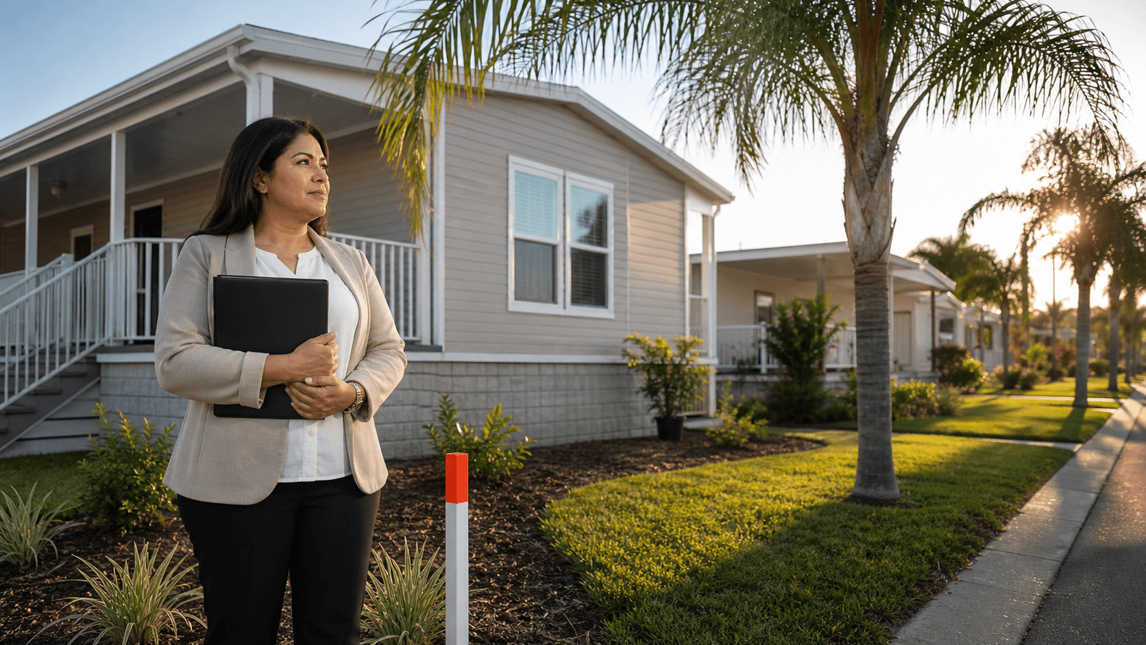 Modern manufactured home beside a palm-lined lot, with blue sky and warm afternoon light.