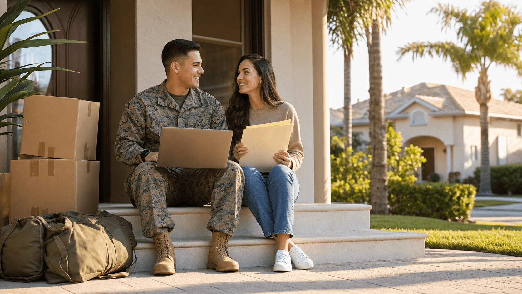 Military family silhouette with a home and checkmark icon over a blue Tampa skyline at sunset
