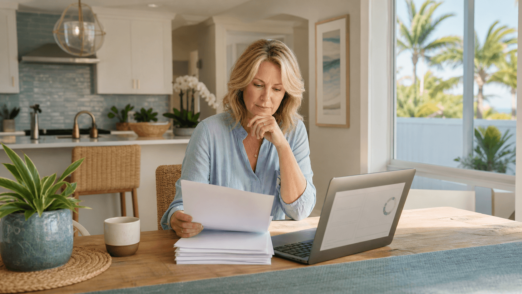Tampa home beside stacked bills, calculator, and loan documents in warm sunset light
