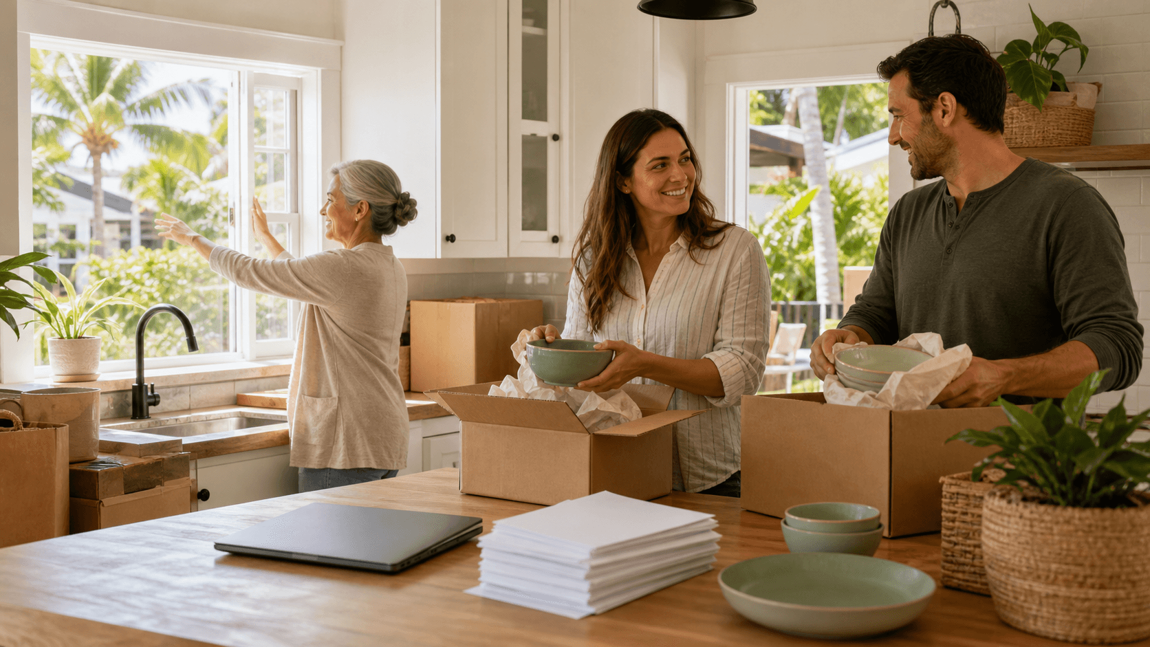 Smiling family reviews paperwork at a sunlit kitchen table with a Tampa skyline view.