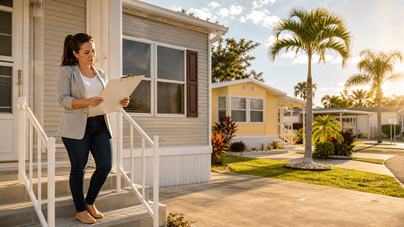 Modern manufactured home beside palm trees under a bright blue Tampa sky.