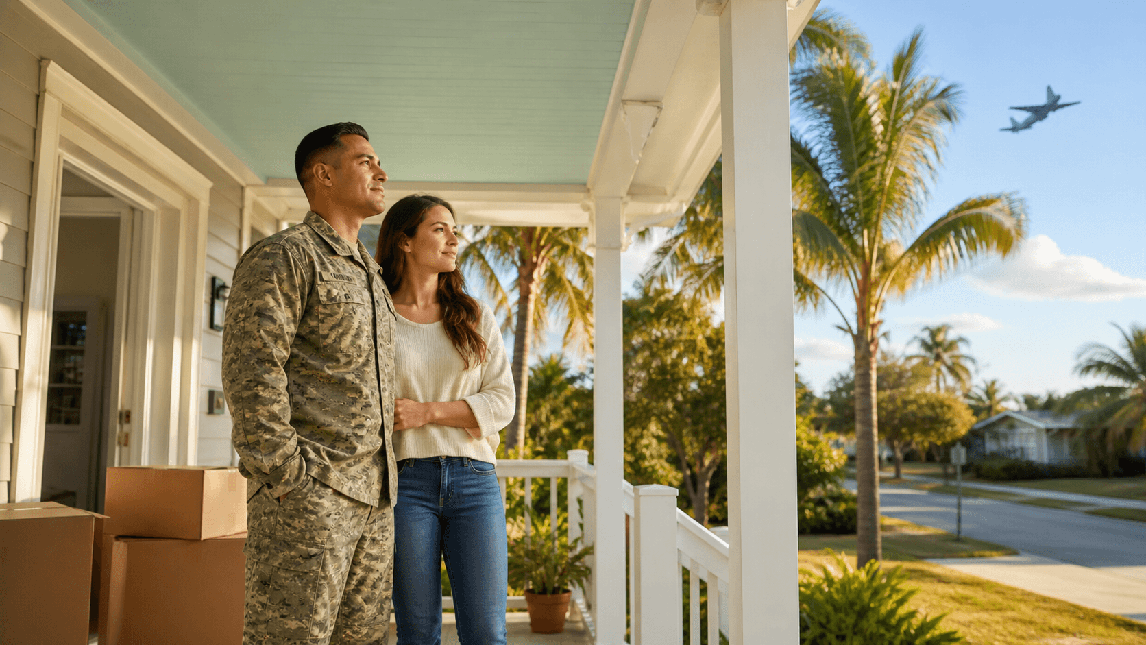Service member in uniform reviews home loan documents beside a Tampa suburban house at sunset.