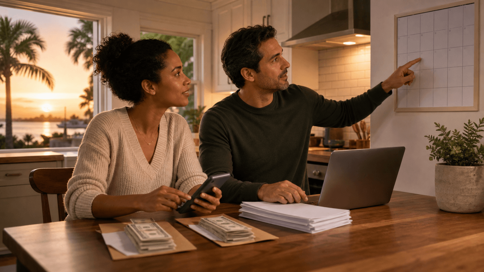 Calculator and coffee beside a house key on a desk, with a sunlit Tampa skyline blurred in the background