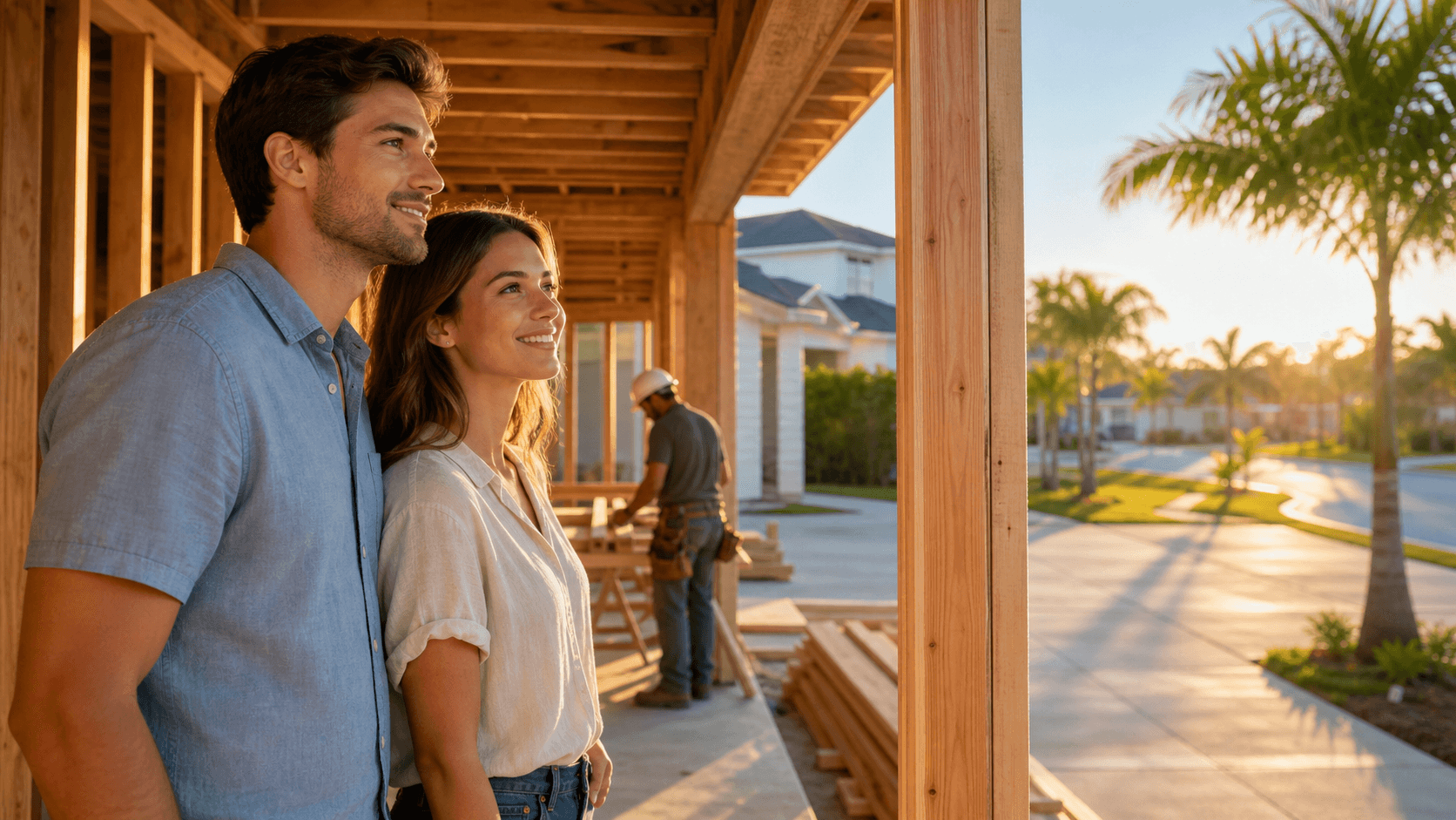 Modern suburban homes under construction beneath a bright blue sky, with wooden framing and cranes in the background.