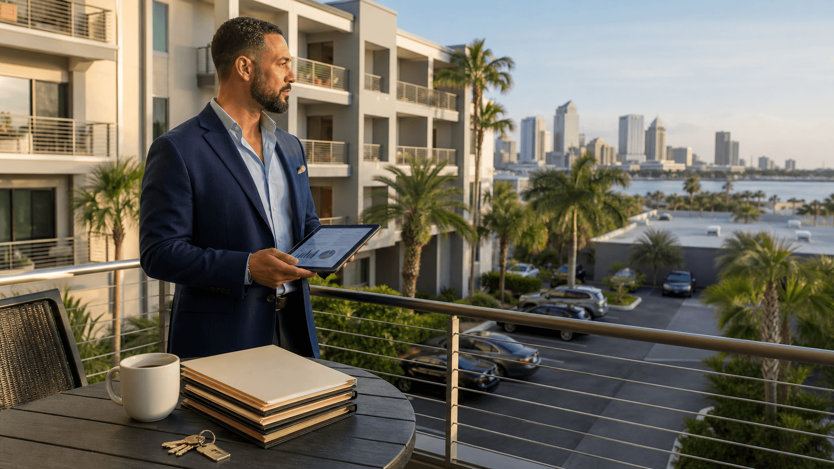 Modern apartment complex at sunset with palm trees, warm orange sky, and a mortgage document overlay in the foreground